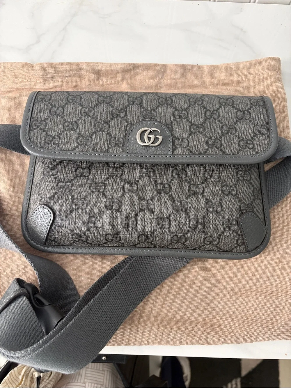 Gucci Gray GG Supreme Crossbody Bag with Silver Double G